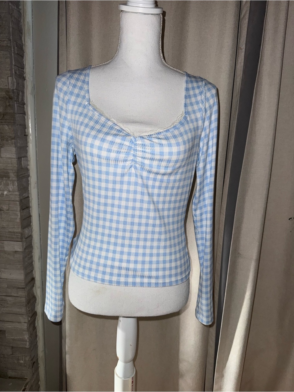 Vibe Light Blue Gingham Long-Sleeve Scoop Neck Top